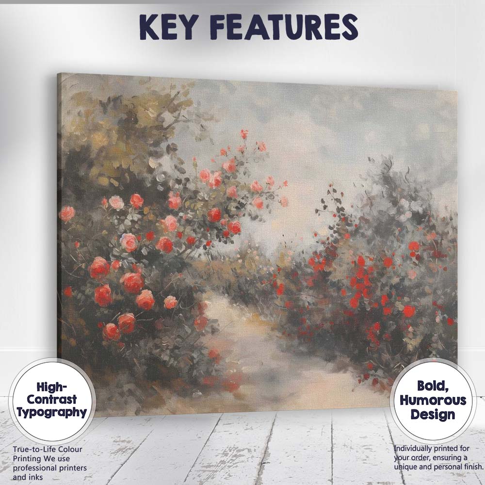 Romantic Red Rose Garden Path Impressionist Floral Landscape Canvas Wall Art Print Decor Picture Ready to Hang