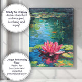 Vibrant Pink Water Lily Pond Botanical Reflection Painting Canvas Wall Art Print Decor Picture Ready to Hang