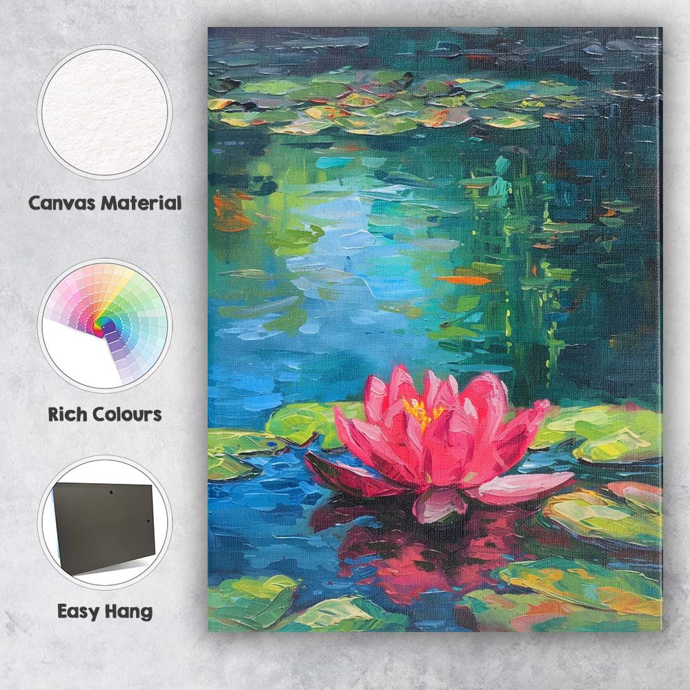 Vibrant Pink Water Lily Pond Botanical Reflection Painting Canvas Wall Art Print Decor Picture Ready to Hang