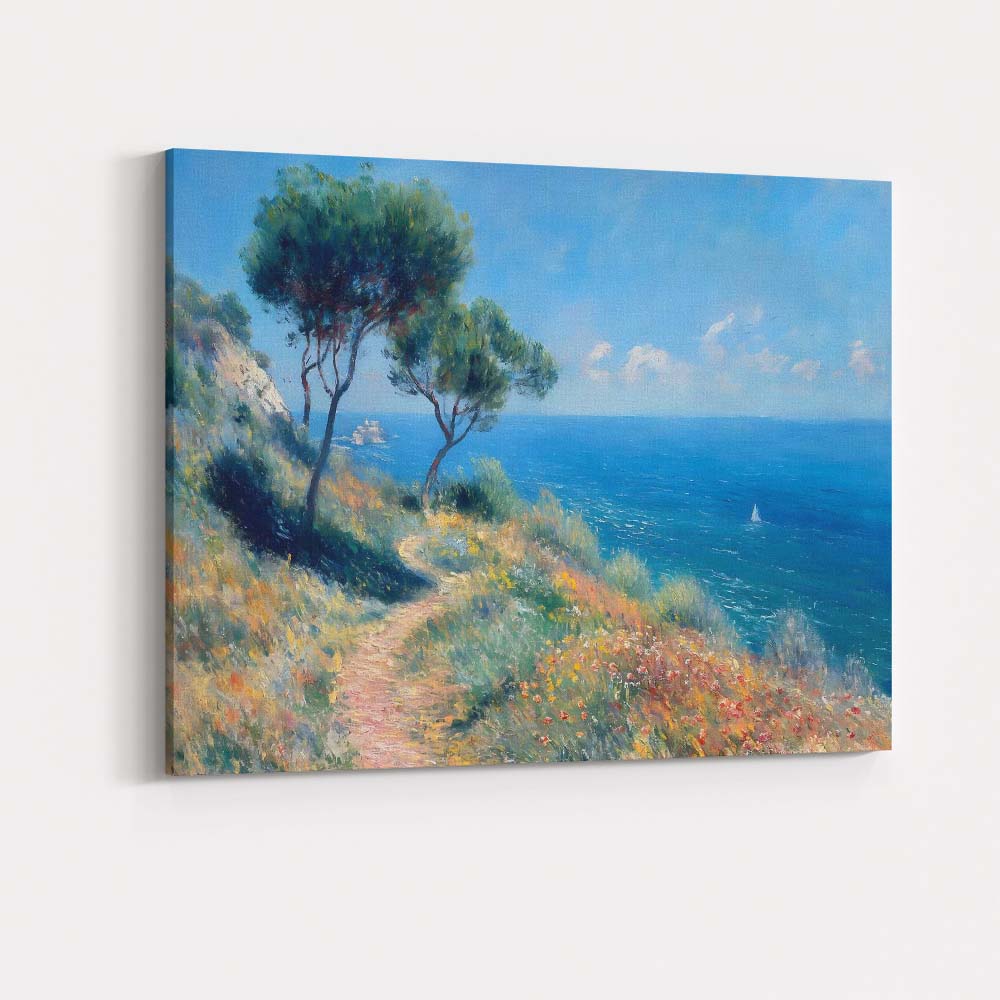 Sunny Coastal Cliff Wildflower Path Seascape Impressionist Canvas Wall Art Print Decor Picture Ready to Hang