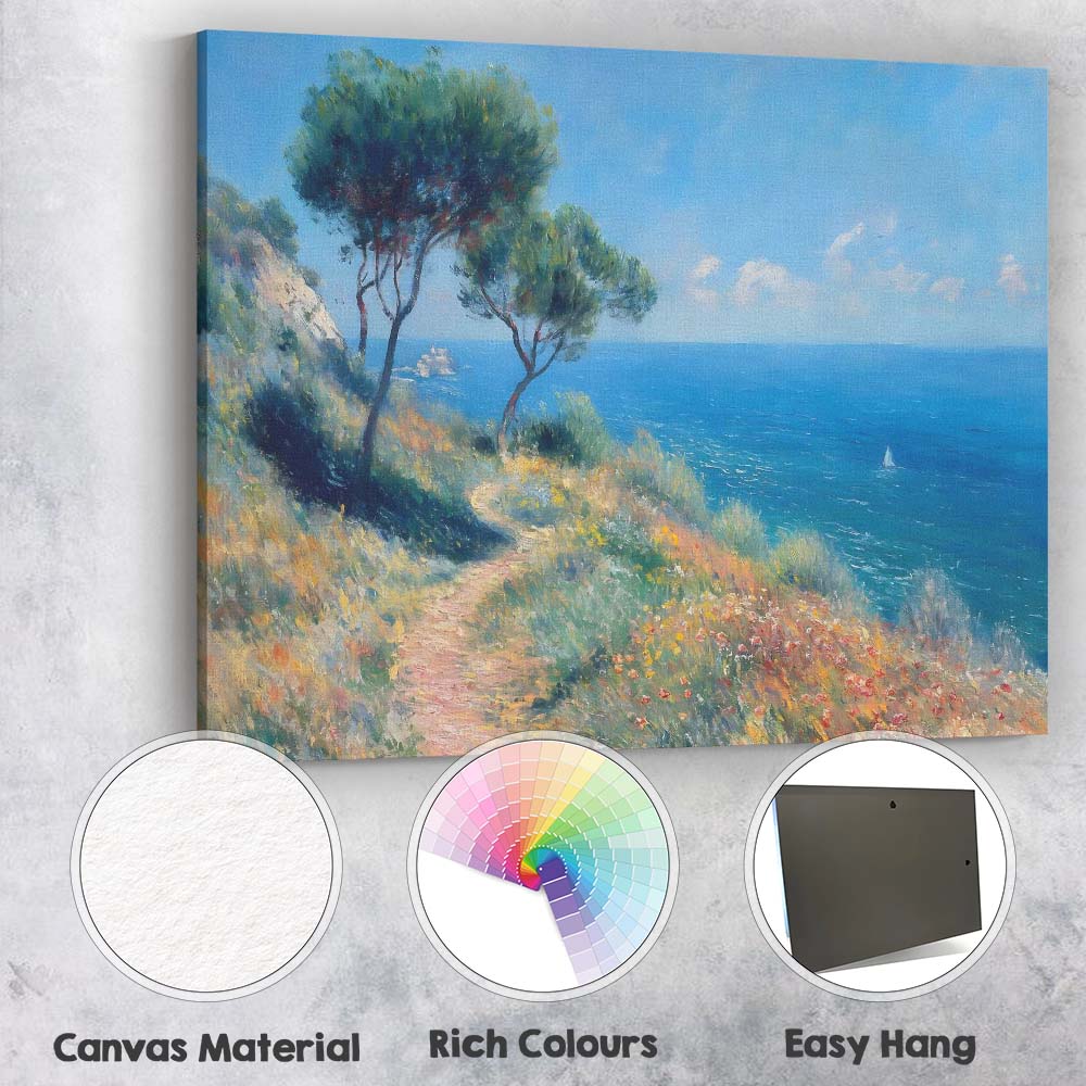 Sunny Coastal Cliff Wildflower Path Seascape Impressionist Canvas Wall Art Print Decor Picture Ready to Hang