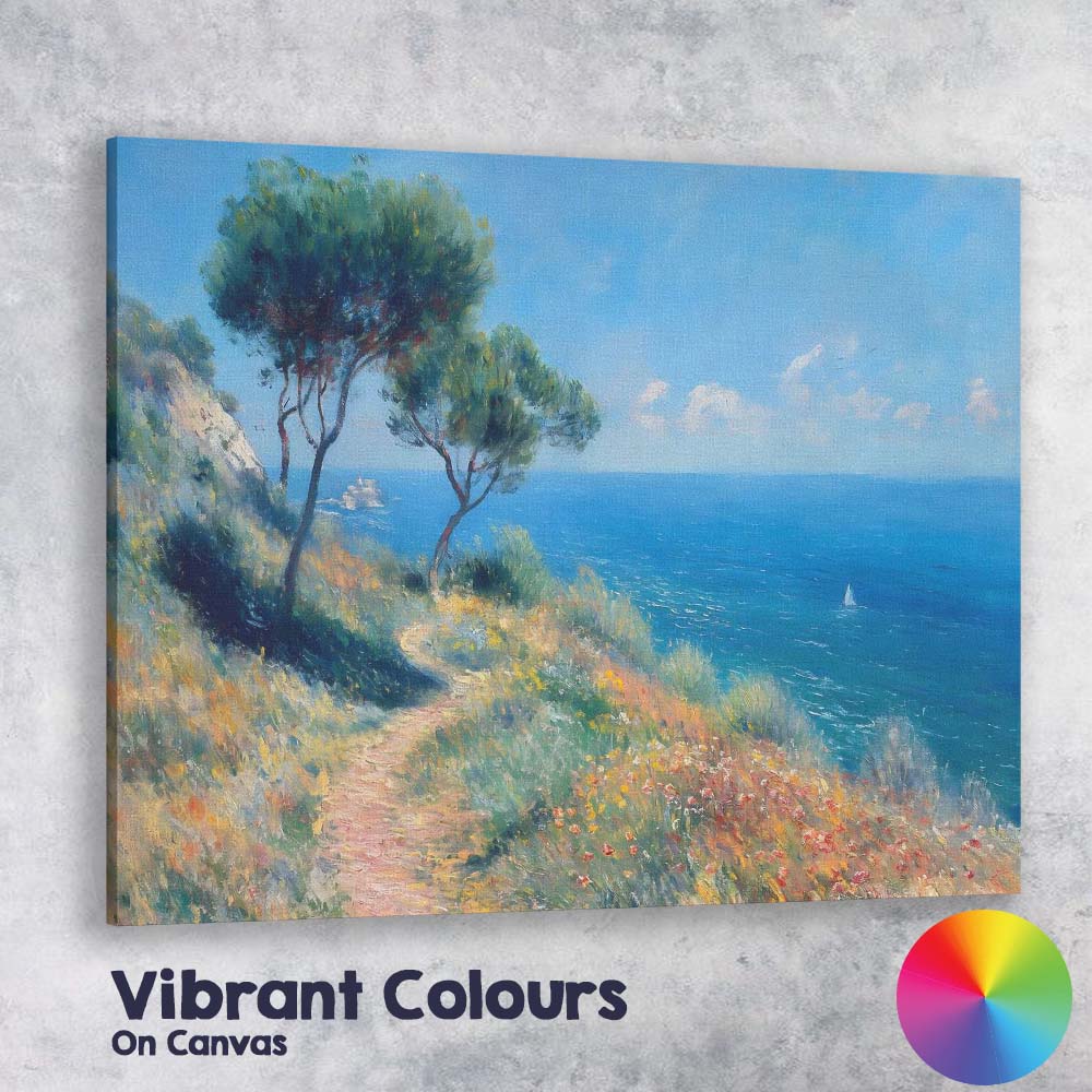 Sunny Coastal Cliff Wildflower Path Seascape Impressionist Canvas Wall Art Print Decor Picture Ready to Hang