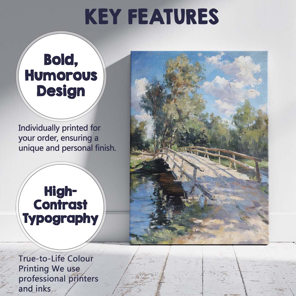 Rustic Wooden Footbridge Woodland Stream Impressionist Landscape Canvas Wall Art Print Decor Picture Ready to Hang