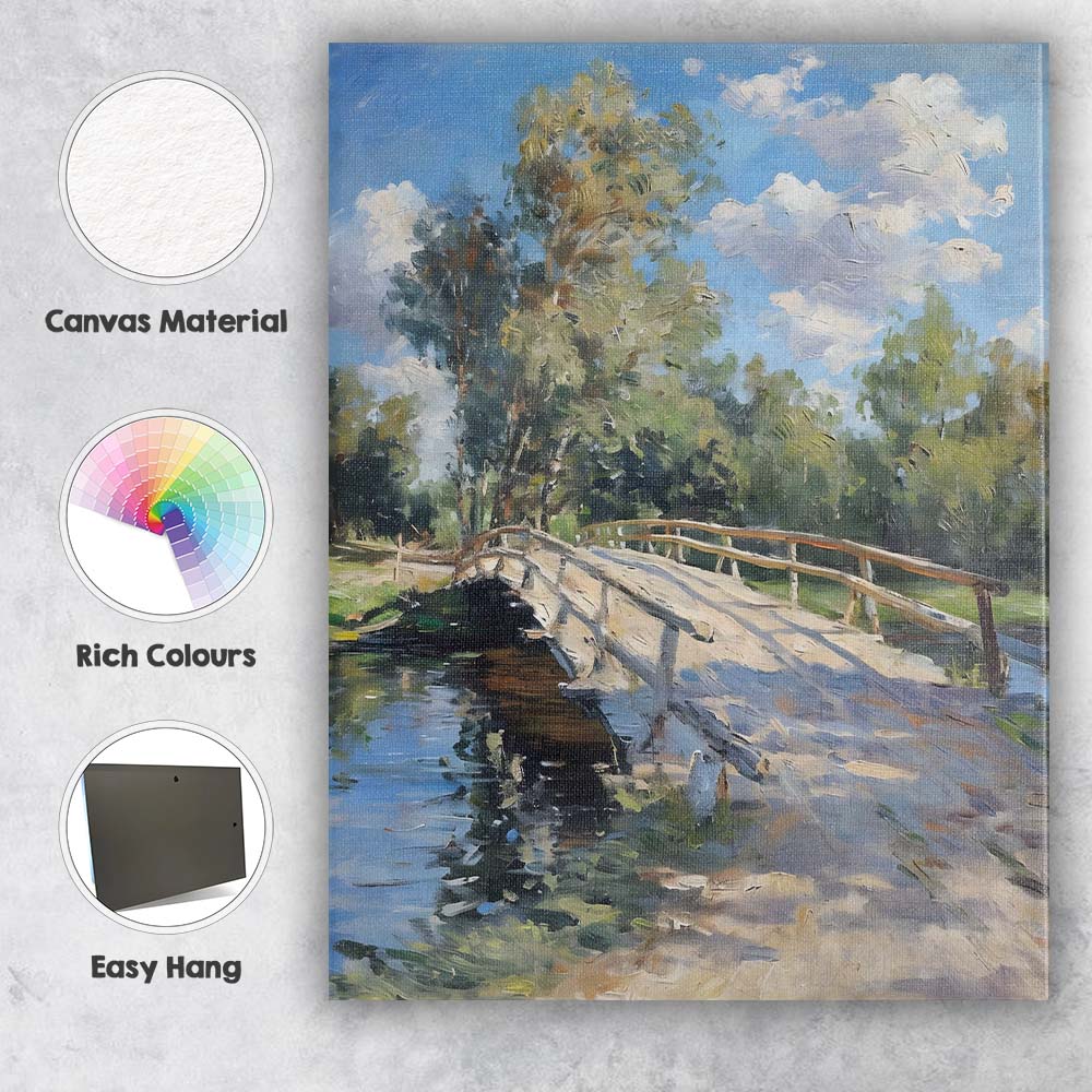 Rustic Wooden Footbridge Woodland Stream Impressionist Landscape Canvas Wall Art Print Decor Picture Ready to Hang