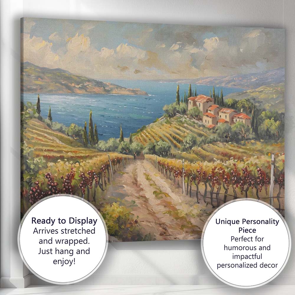 Tuscan Vineyard Lake View Mediterranean Countryside Impressionist Canvas Wall Art Print Decor Picture Ready to Hang