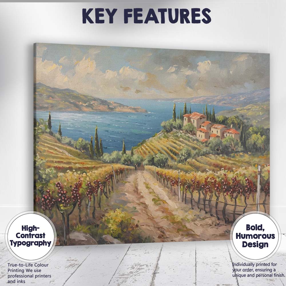 Tuscan Vineyard Lake View Mediterranean Countryside Impressionist Canvas Wall Art Print Decor Picture Ready to Hang