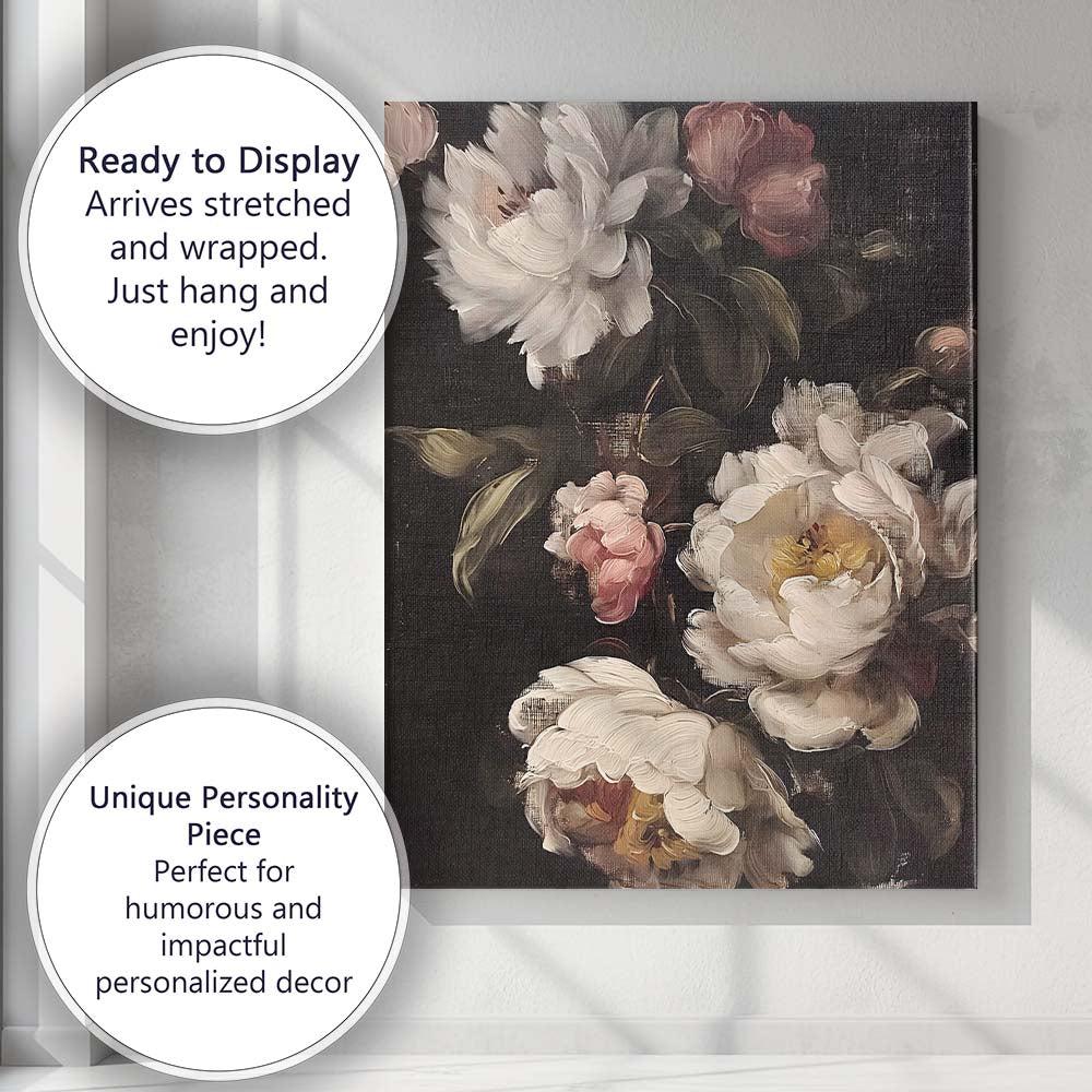 Dark Romantic White Peony Floral Still Life Canvas Wall Art Print Decor Picture Ready to Hang
