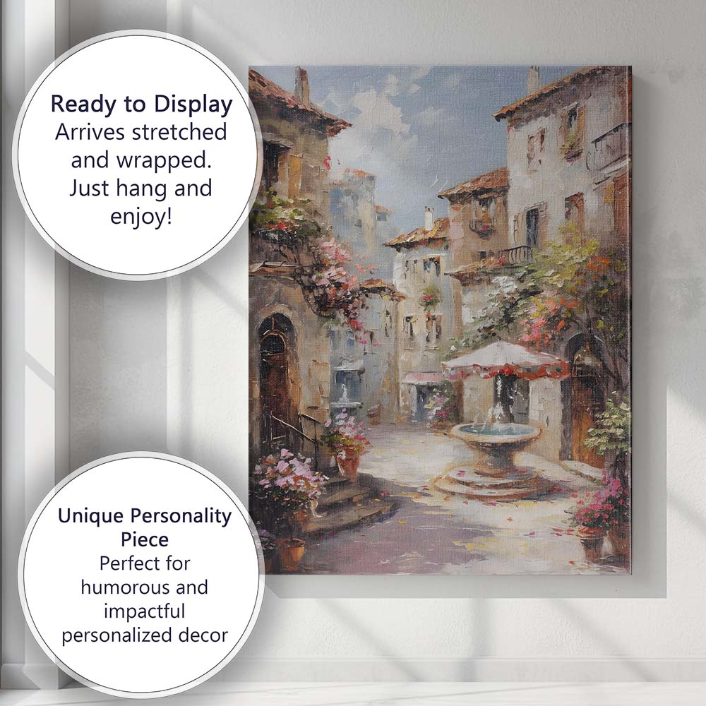 Romantic Mediterranean Village Courtyard Fountain Street Scene Canvas Wall Art Print Decor Picture Ready to Hang