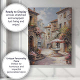 Romantic Mediterranean Village Courtyard Fountain Street Scene Canvas Wall Art Print Decor Picture Ready to Hang