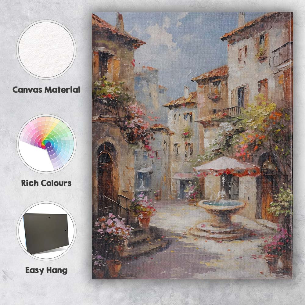 Romantic Mediterranean Village Courtyard Fountain Street Scene Canvas Wall Art Print Decor Picture Ready to Hang