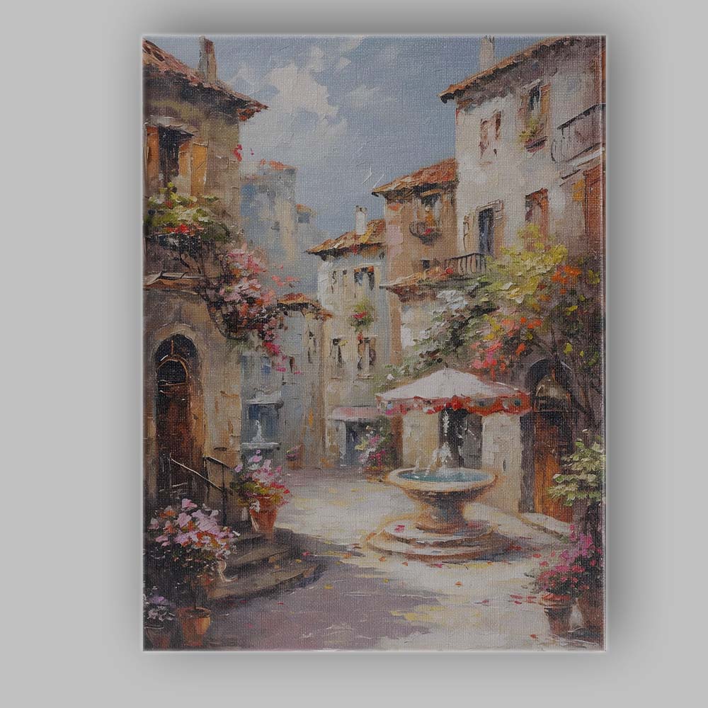 Romantic Mediterranean Village Courtyard Fountain Street Scene Canvas Wall Art Print Decor Picture Ready to Hang