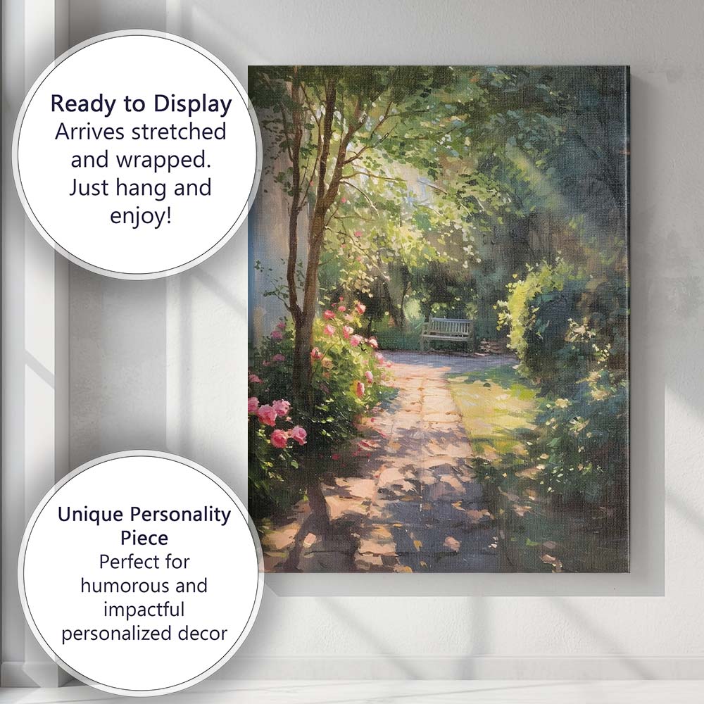 Impressionist Sunlit Garden Path Pink Rose Flowers Park Bench Canvas Wall Art Print Decor Picture Ready to Hang