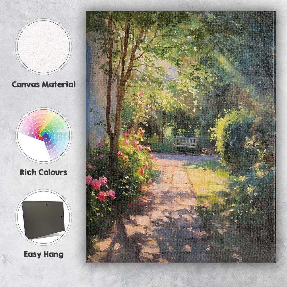 Impressionist Sunlit Garden Path Pink Rose Flowers Park Bench Canvas Wall Art Print Decor Picture Ready to Hang