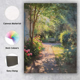 Impressionist Sunlit Garden Path Pink Rose Flowers Park Bench Canvas Wall Art Print Decor Picture Ready to Hang
