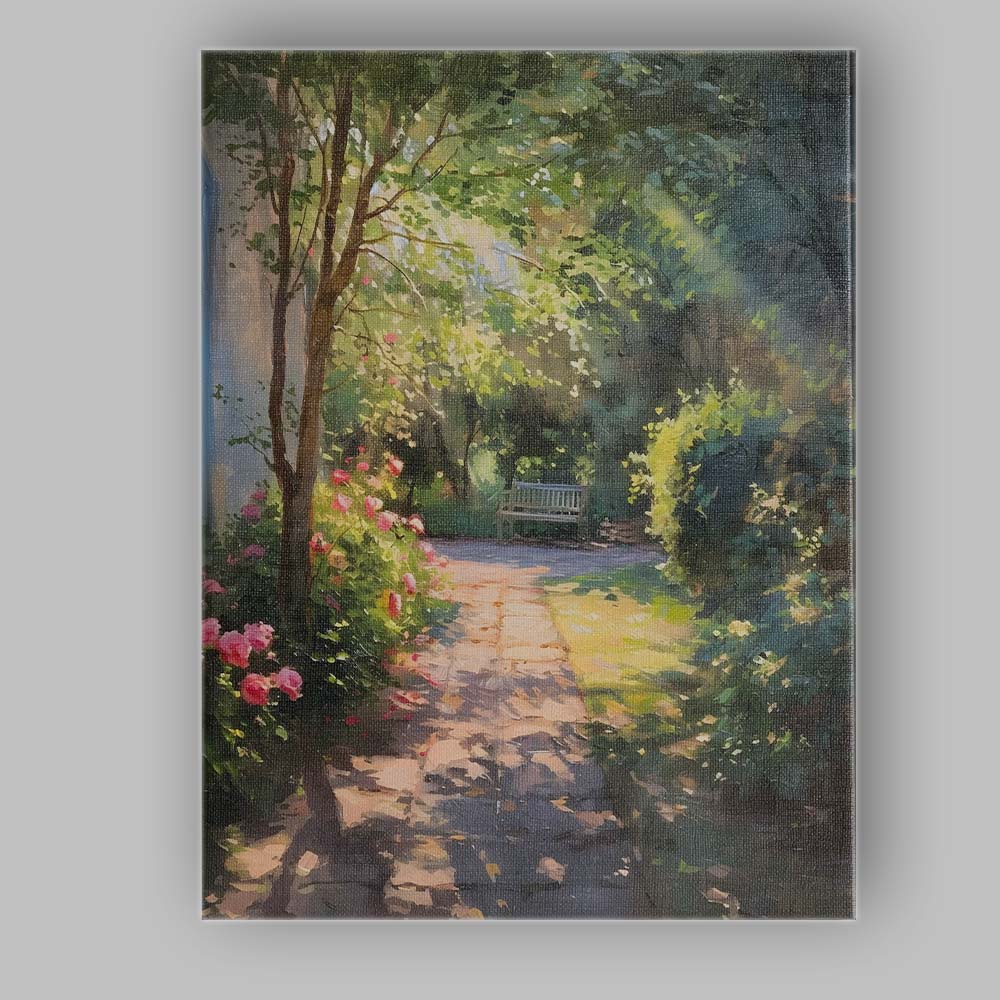 Impressionist Sunlit Garden Path Pink Rose Flowers Park Bench Canvas Wall Art Print Decor Picture Ready to Hang
