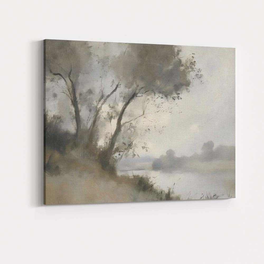 Soft Misty Riverside Trees Neutral Landscape Painting Canvas Wall Art Print Decor Picture Ready to Hang