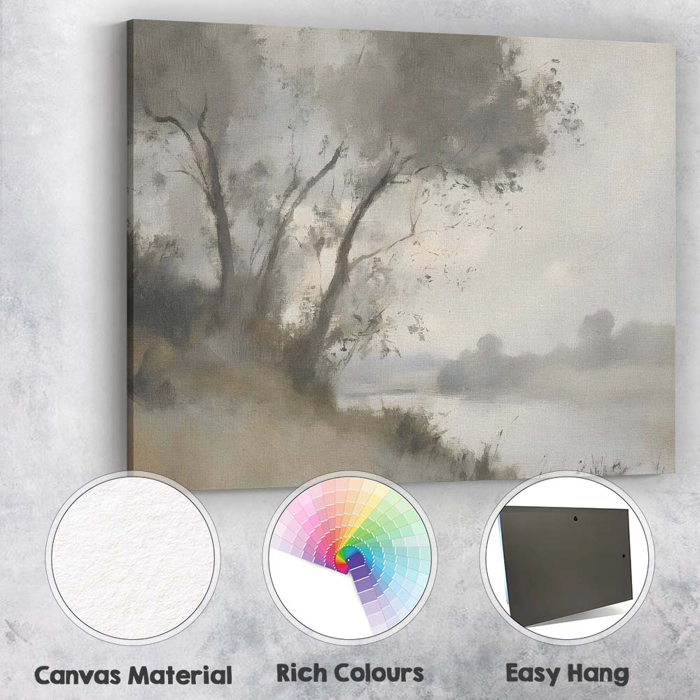 Soft Misty Riverside Trees Neutral Landscape Painting Canvas Wall Art Print Decor Picture Ready to Hang