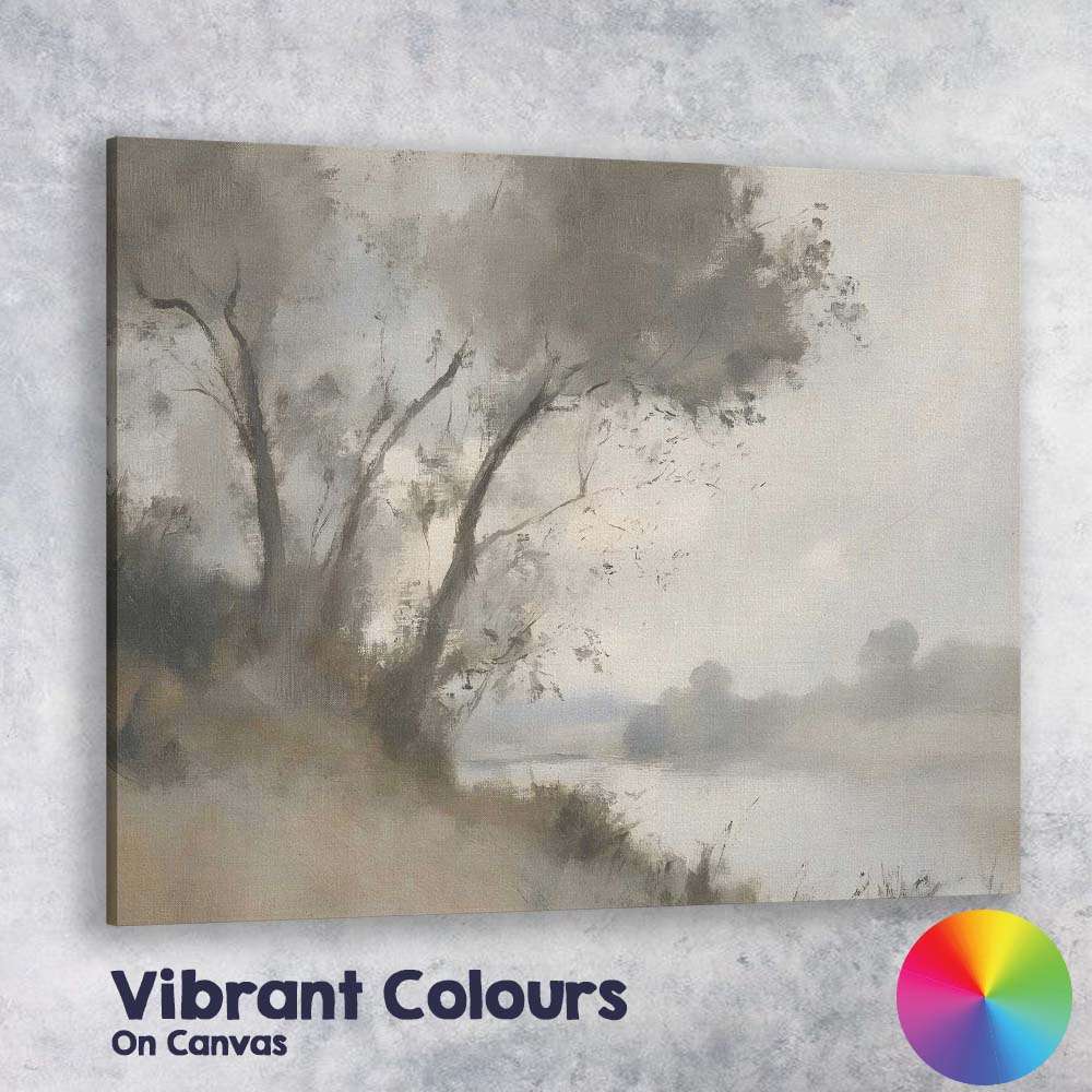 Soft Misty Riverside Trees Neutral Landscape Painting Canvas Wall Art Print Decor Picture Ready to Hang