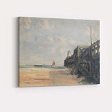 Impressionist Coastal Pier Red Sailboat Beach Seascape Painting Canvas Wall Art Print Decor Picture Ready to Hang