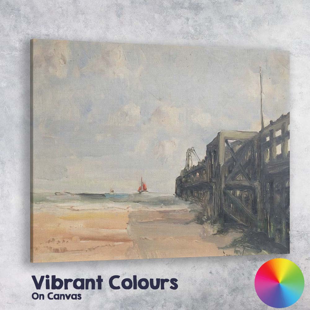 Impressionist Coastal Pier Red Sailboat Beach Seascape Painting Canvas Wall Art Print Decor Picture Ready to Hang