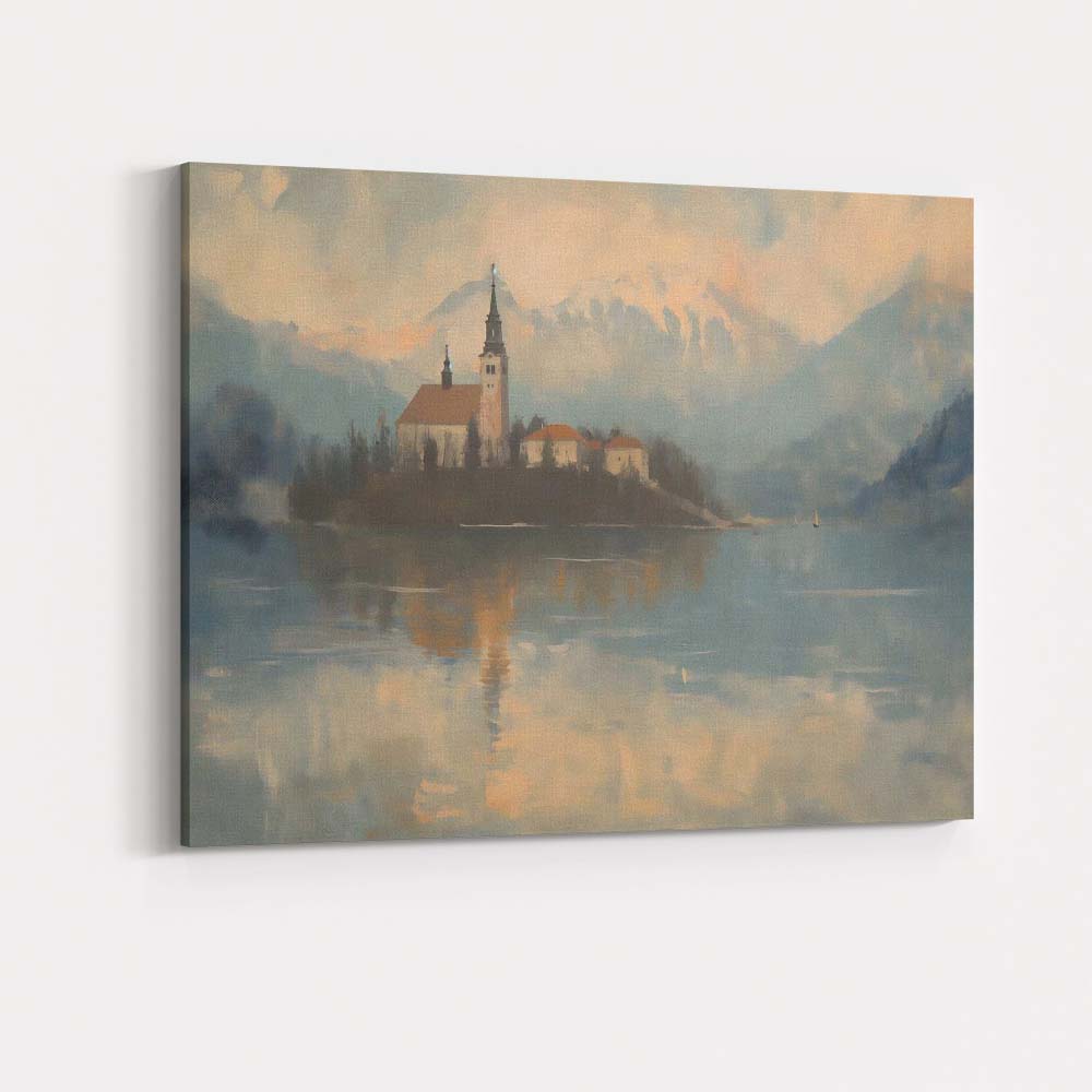 Misty Mountain Lake Church Reflection Landscape Painting Canvas Wall Art Print Decor Picture Ready to Hang