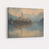 Misty Mountain Lake Church Reflection Landscape Painting Canvas Wall Art Print Decor Picture Ready to Hang