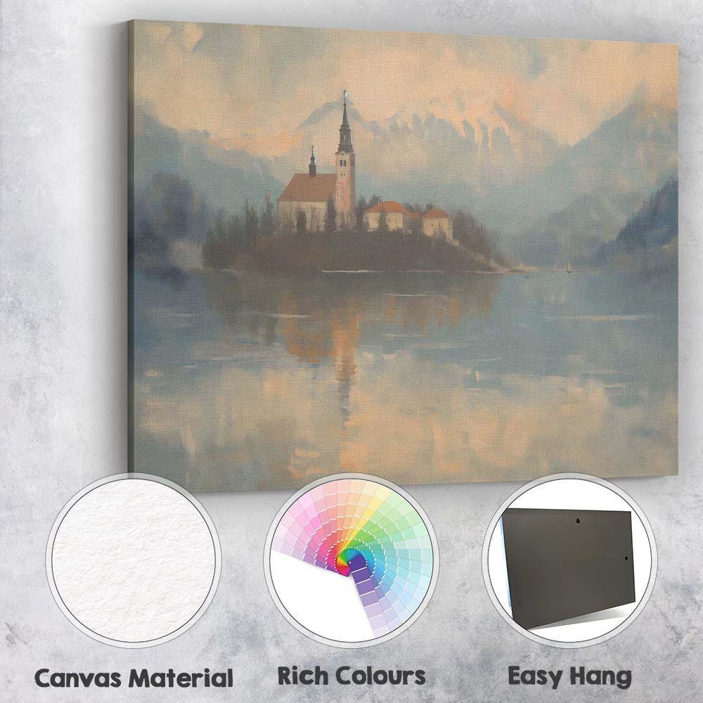 Misty Mountain Lake Church Reflection Landscape Painting Canvas Wall Art Print Decor Picture Ready to Hang