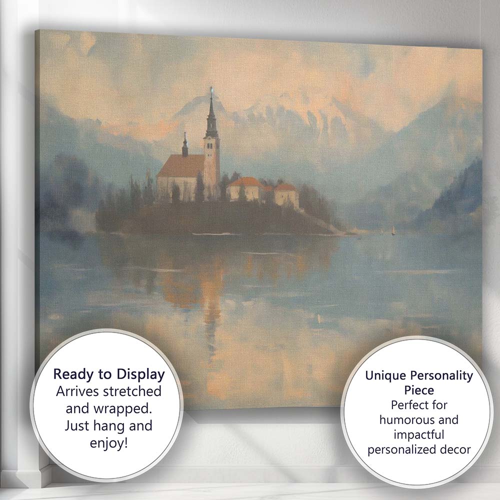 Misty Mountain Lake Church Reflection Landscape Painting Canvas Wall Art Print Decor Picture Ready to Hang