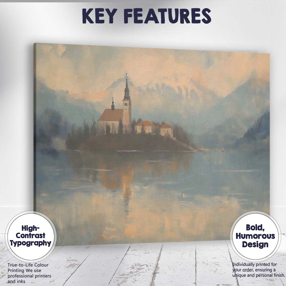 Misty Mountain Lake Church Reflection Landscape Painting Canvas Wall Art Print Decor Picture Ready to Hang
