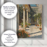 Sunlit Mediterranean Courtyard Garden Architectural Painting Canvas Wall Art Print Decor Picture Ready to Hang