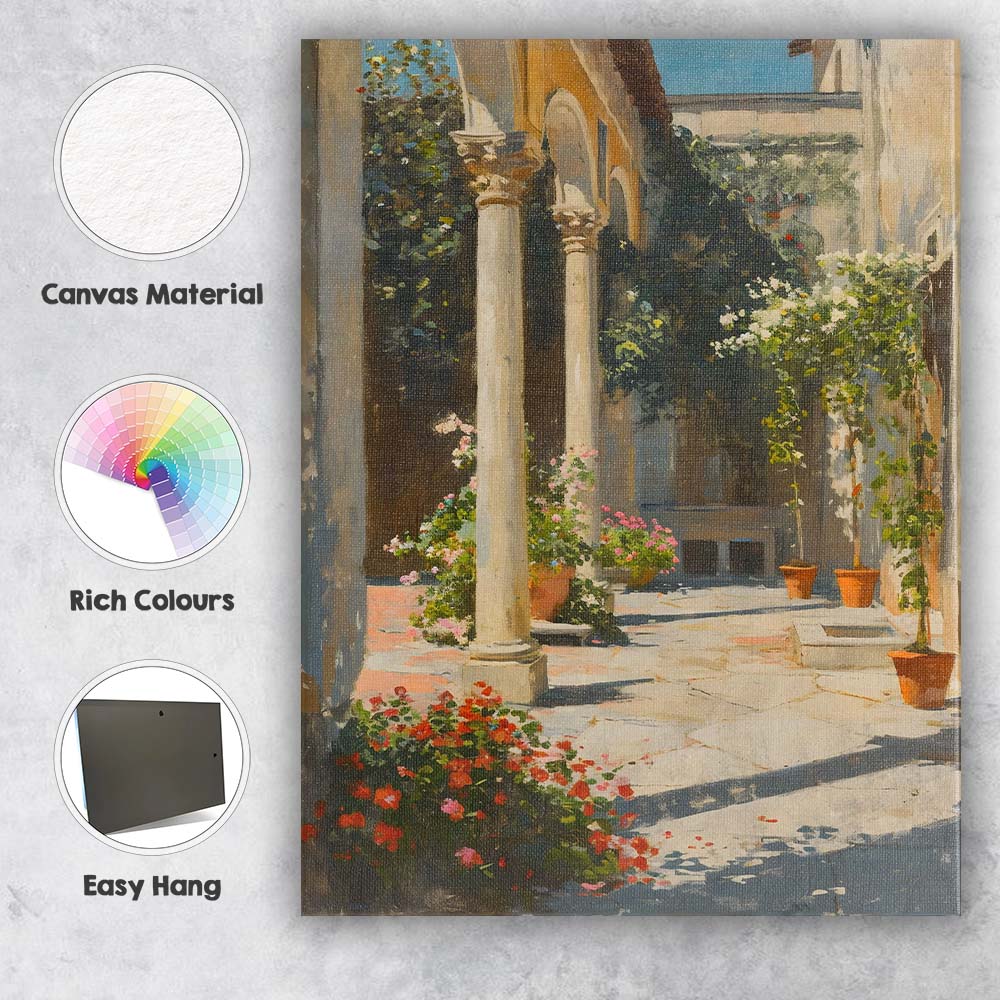 Sunlit Mediterranean Courtyard Garden Architectural Painting Canvas Wall Art Print Decor Picture Ready to Hang