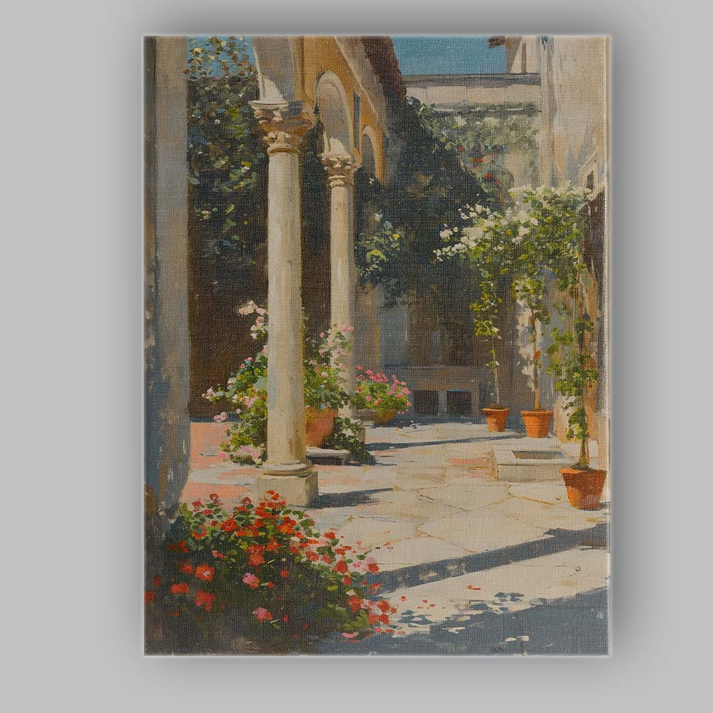 Sunlit Mediterranean Courtyard Garden Architectural Painting Canvas Wall Art Print Decor Picture Ready to Hang