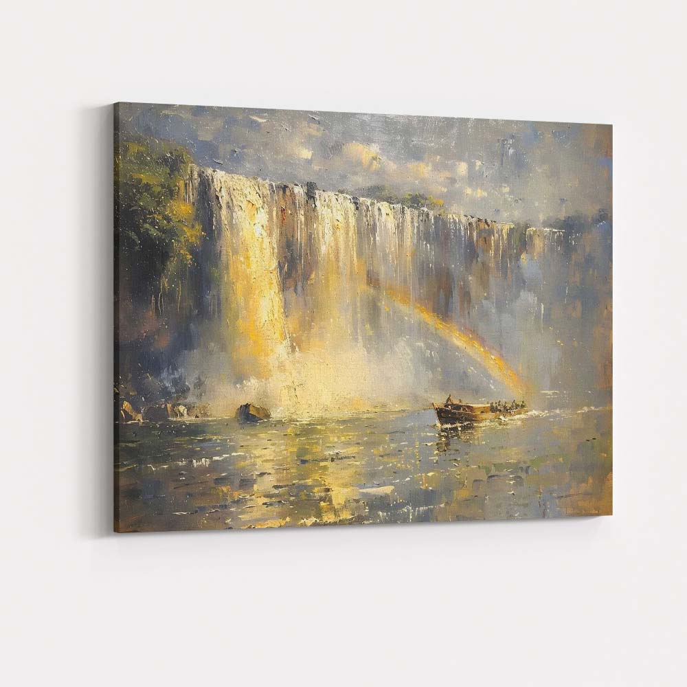 Golden Waterfall River Boat Landscape Painting Canvas Wall Art Print Decor Picture Ready to Hang