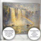 Golden Waterfall River Boat Landscape Painting Canvas Wall Art Print Decor Picture Ready to Hang