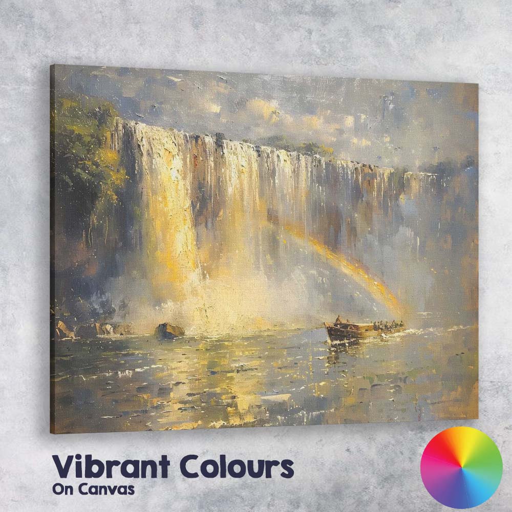 Golden Waterfall River Boat Landscape Painting Canvas Wall Art Print Decor Picture Ready to Hang
