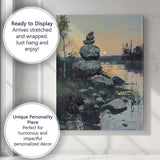 Peaceful Balanced Stone Cairn Lakeside Sunset Landscape Canvas Wall Art Print Decor Picture Ready to Hang