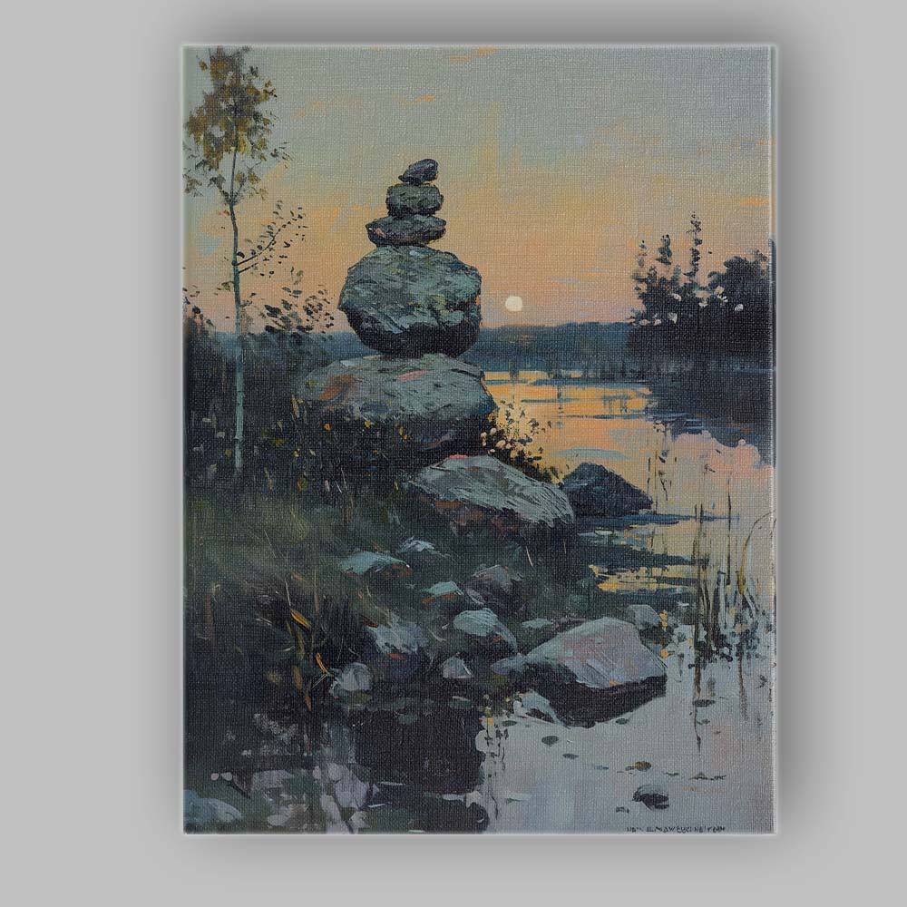 Peaceful Balanced Stone Cairn Lakeside Sunset Landscape Canvas Wall Art Print Decor Picture Ready to Hang
