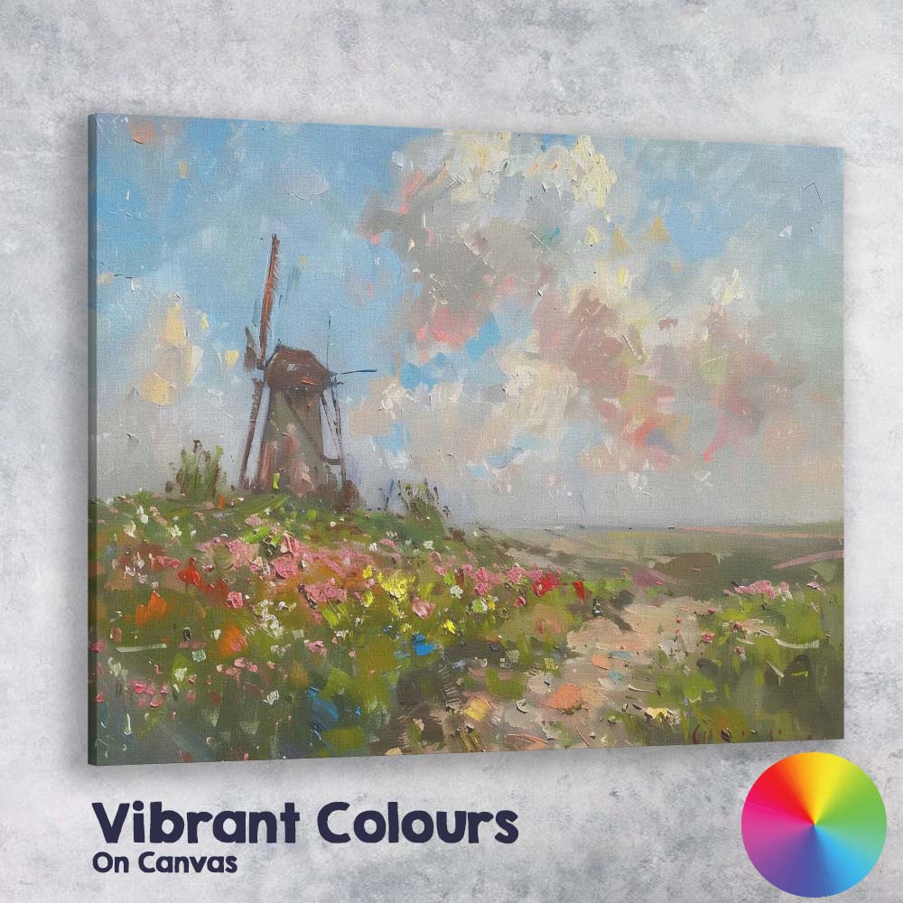 Impressionist Coastal Windmill Wildflower Meadow Landscape Canvas Wall Art Print Decor Picture Ready to Hang