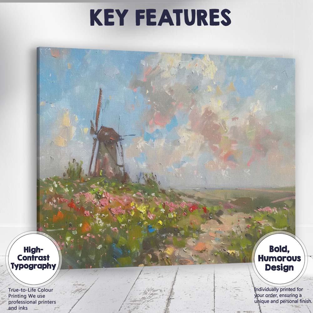 Impressionist Coastal Windmill Wildflower Meadow Landscape Canvas Wall Art Print Decor Picture Ready to Hang