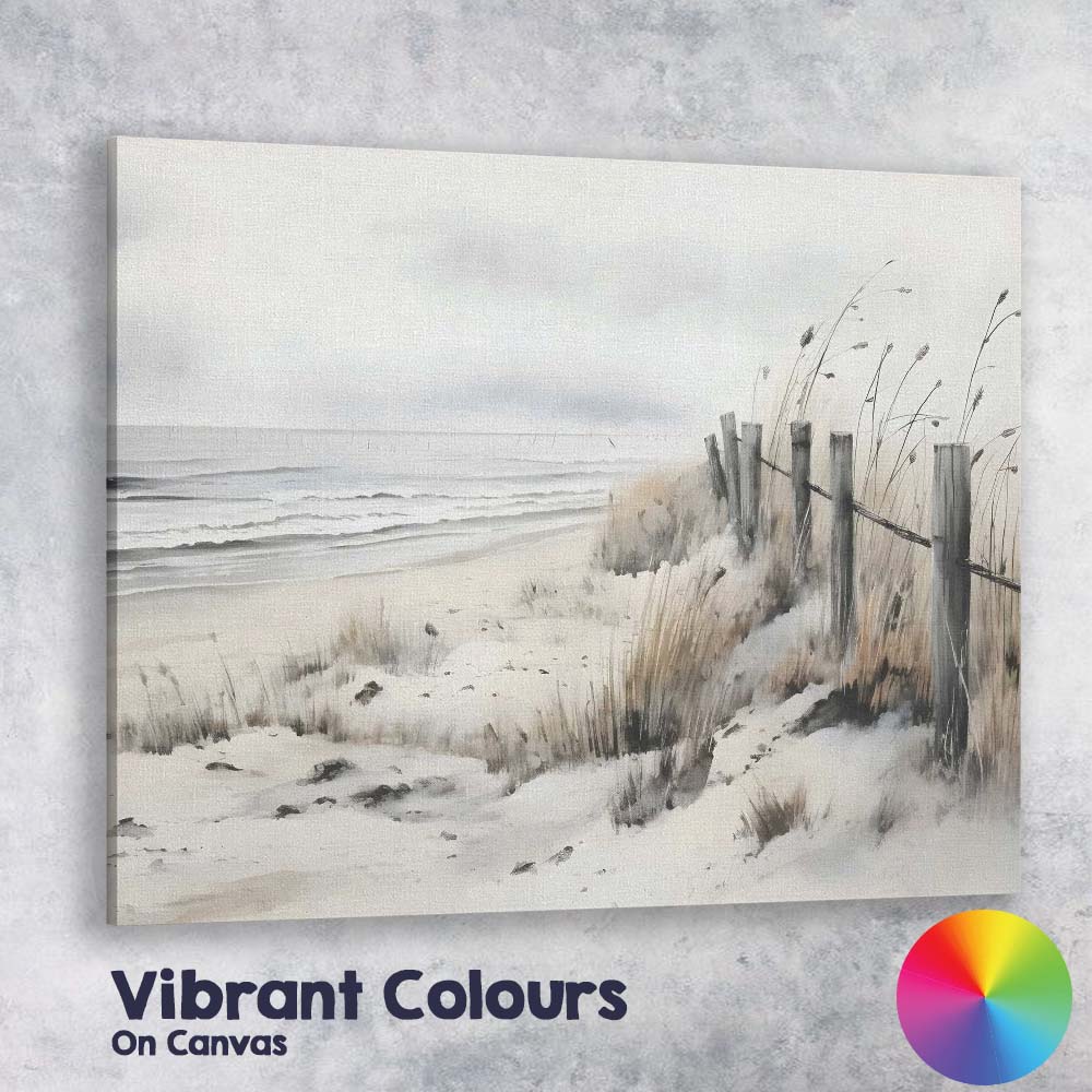 Monochrome Coastal Sand Dunes Beach Fence Landscape Canvas Wall Art Print Decor Picture Ready to Hang