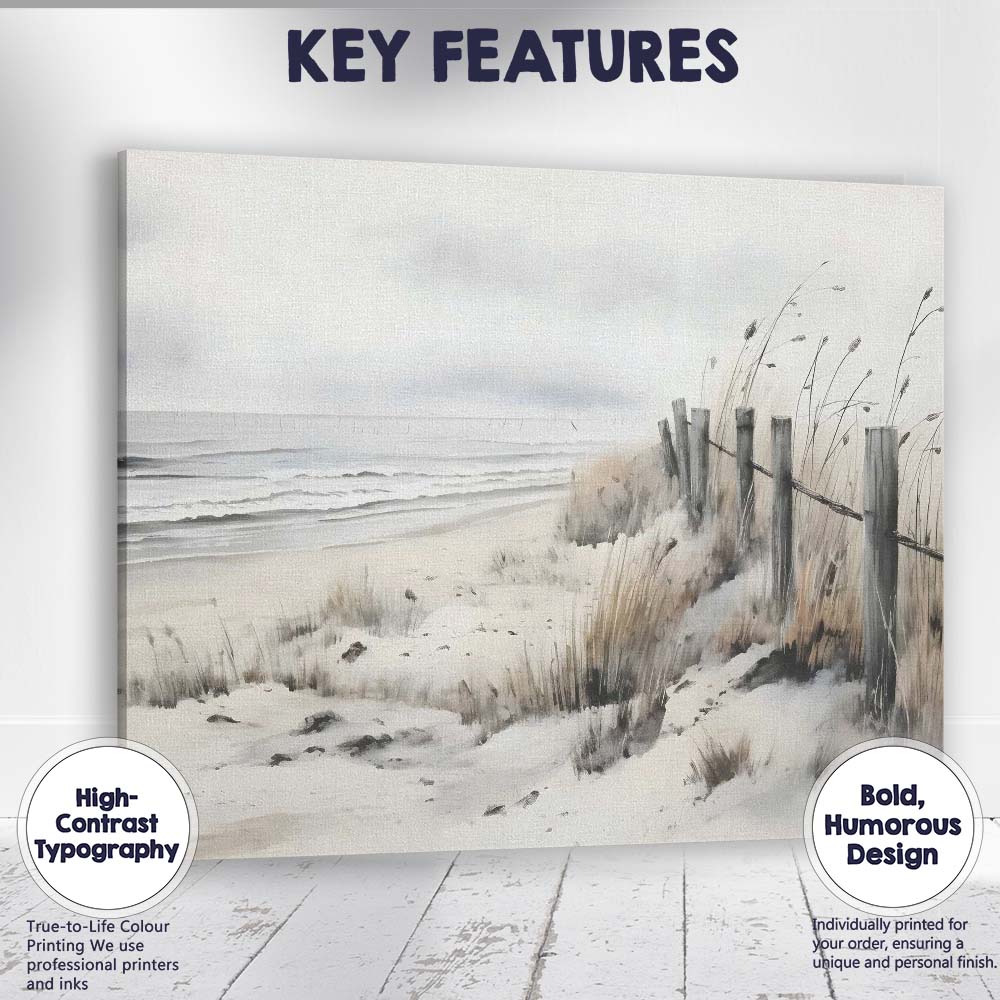 Monochrome Coastal Sand Dunes Beach Fence Landscape Canvas Wall Art Print Decor Picture Ready to Hang