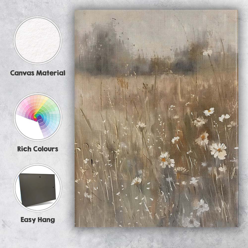 Neutral Wild Daisy Meadow Textured Floral Abstract Canvas Wall Art Print Decor Picture Ready to Hang