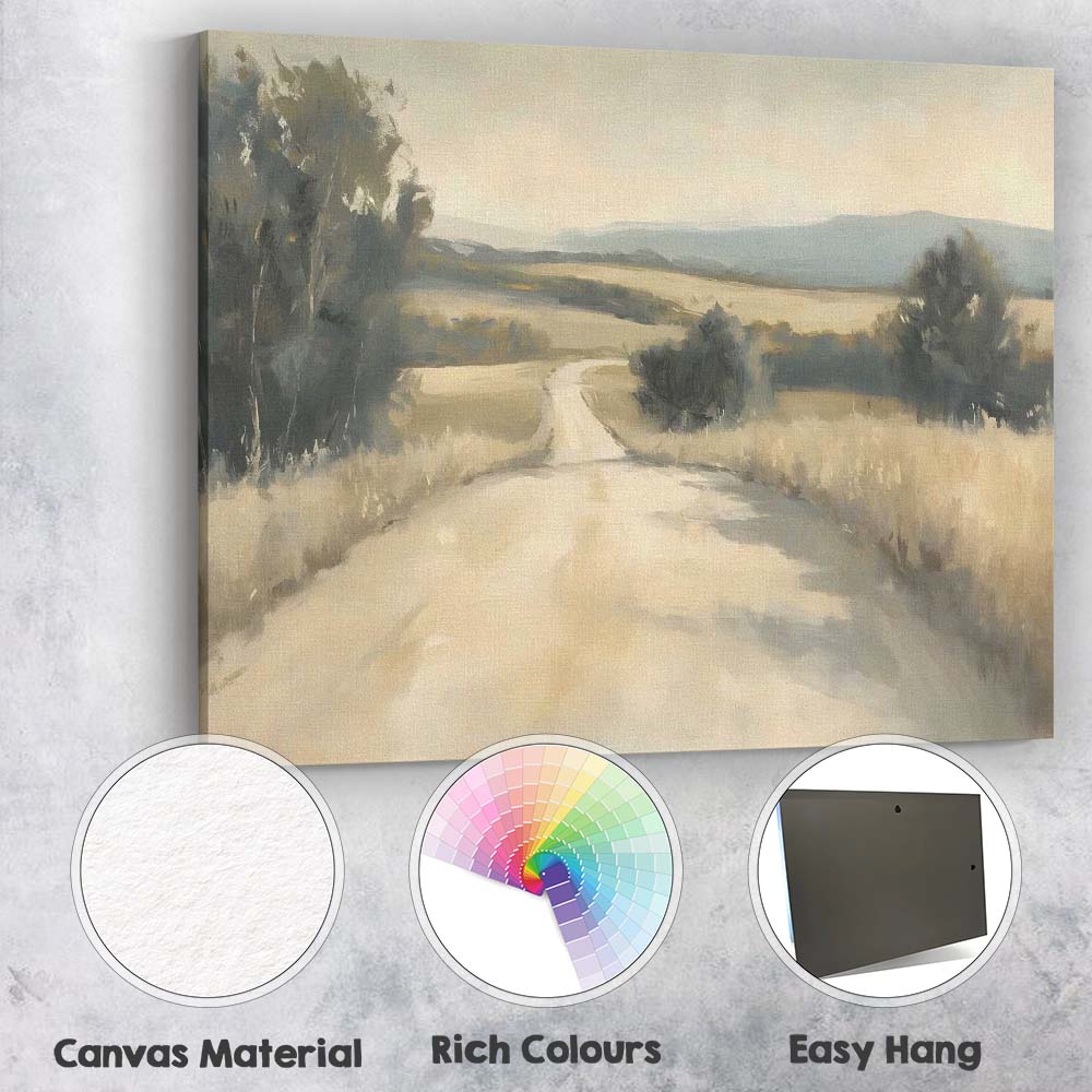 Soft Neutral Country Road Rolling Hills Landscape Canvas Wall Art Print Decor Picture Ready to Hang