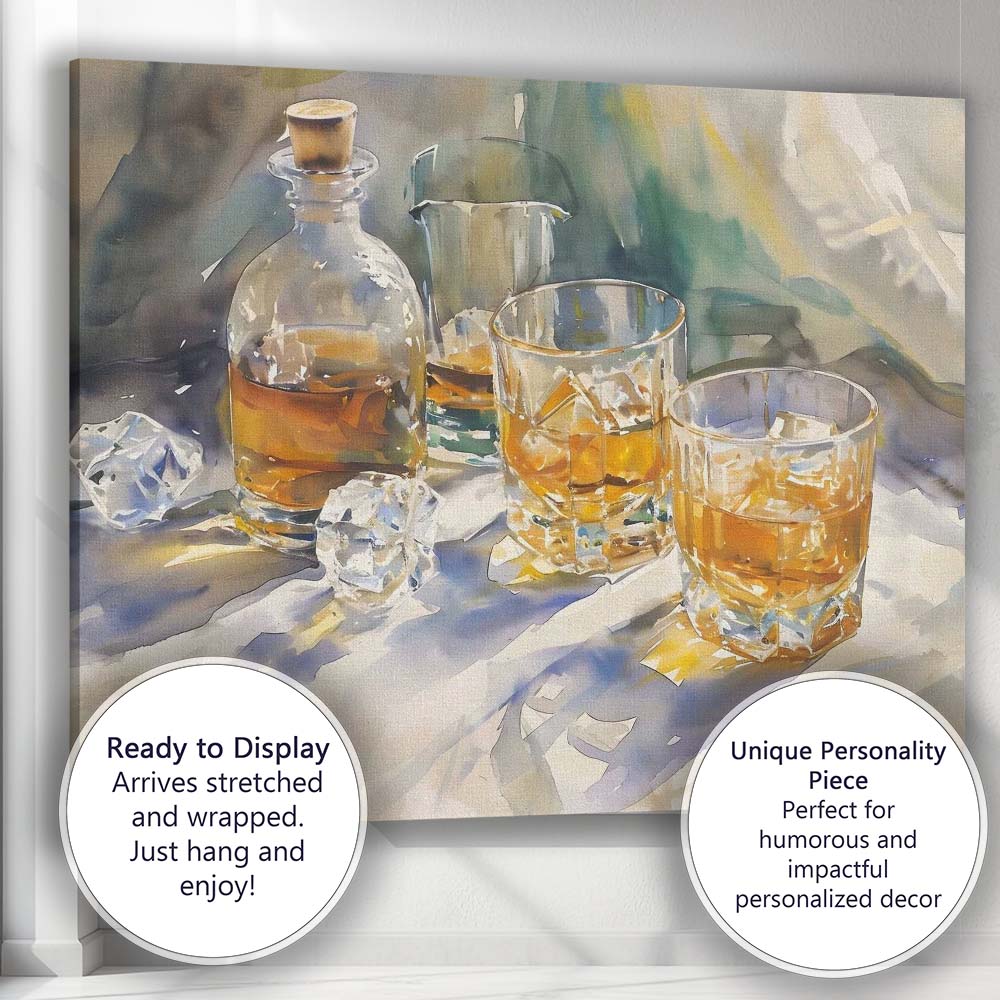 Abstract Watercolour Whisky Decanter Crystal Glasses Still Life Canvas Wall Art Print Decor Picture Ready to Hang