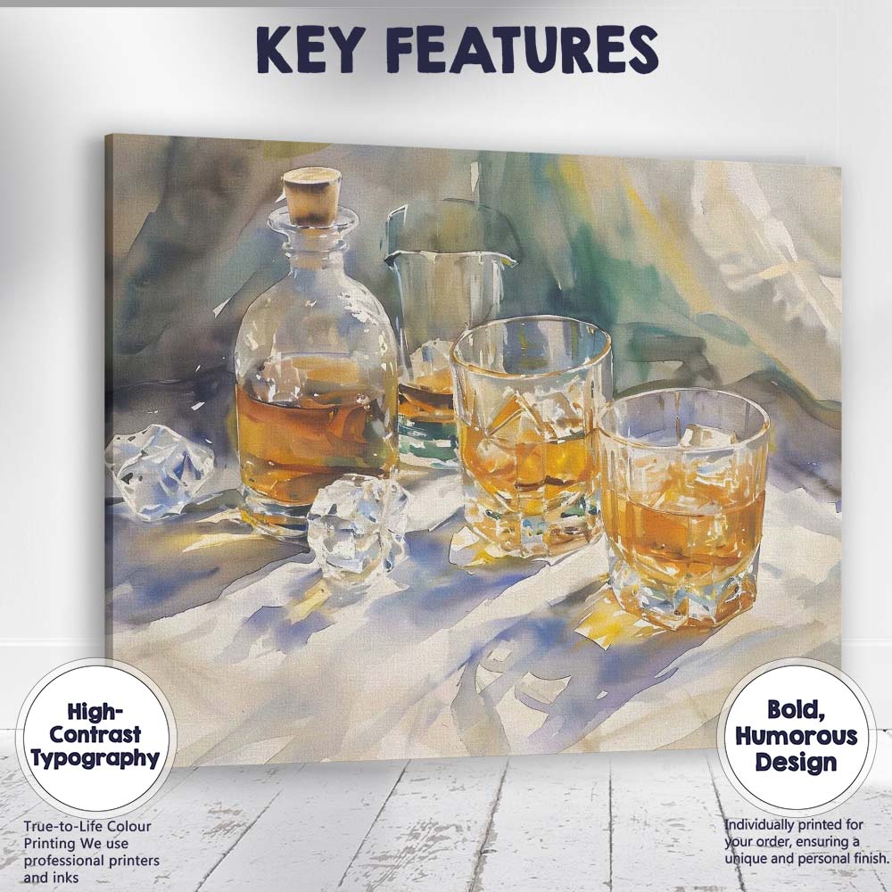 Abstract Watercolour Whisky Decanter Crystal Glasses Still Life Canvas Wall Art Print Decor Picture Ready to Hang