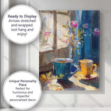 Expressive Blue Coffee Cups Pink Floral Window Still Life Canvas Wall Art Print Decor Picture Ready to Hang