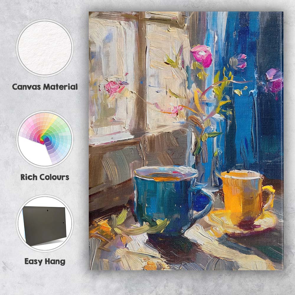 Expressive Blue Coffee Cups Pink Floral Window Still Life Canvas Wall Art Print Decor Picture Ready to Hang