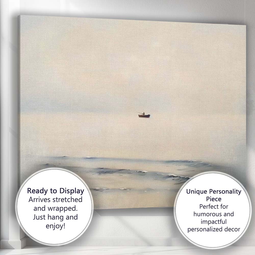 Minimalist Lone Fishing Boat Calm Sea Horizon Canvas Wall Art Print Decor Picture Ready to Hang