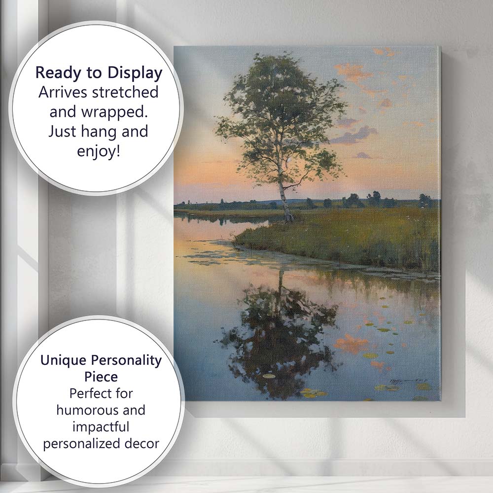 Serene Lakeside Tree Reflection Sunset Landscape Canvas Wall Art Print Decor Picture Ready to Hang