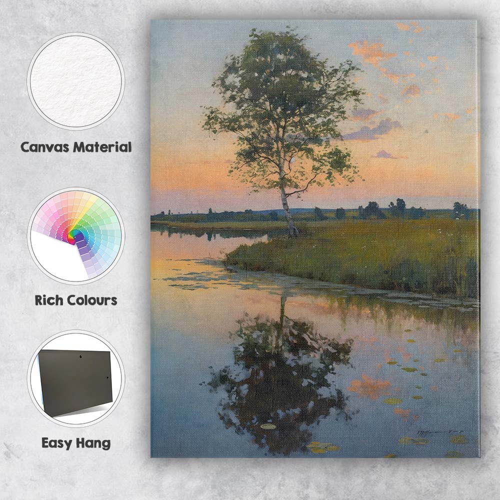 Serene Lakeside Tree Reflection Sunset Landscape Canvas Wall Art Print Decor Picture Ready to Hang